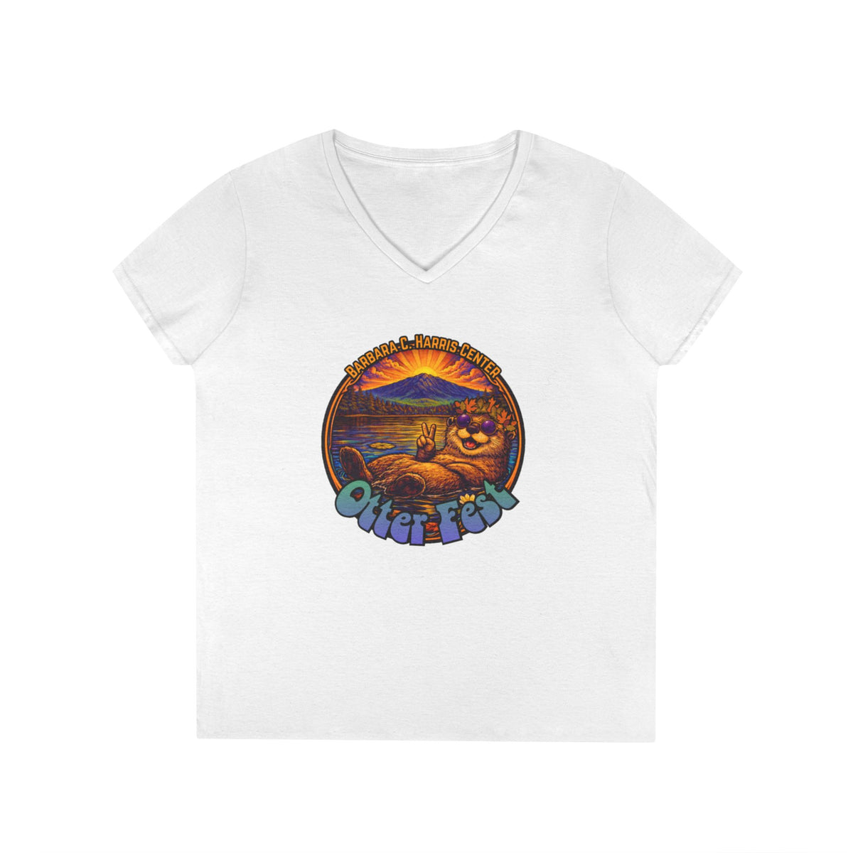 Otter Fest graphic V-Neck T-Shirt | Otter Illustration, Sunset Lake Scene