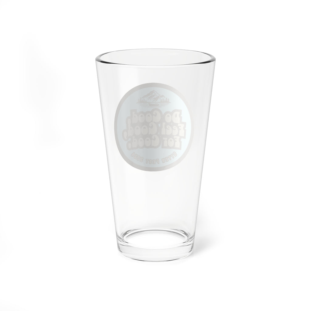 Shy Blue & Moss Do Good Feel Good For Good logo Mixing Glass, 16oz | Retro Mountain Badge