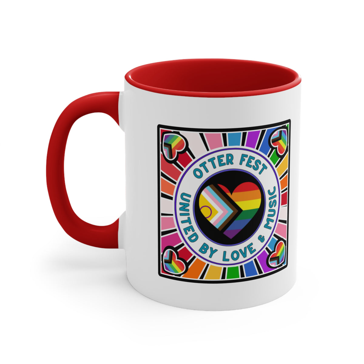 Otter Fest Pride Heart mug | United by Love & Music, Rainbow Accent Mug