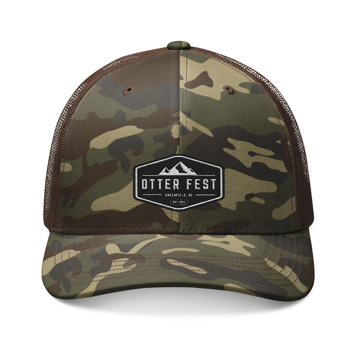 Otter Fest patch camo Trucker Hat | Embroidered outdoor logo cap